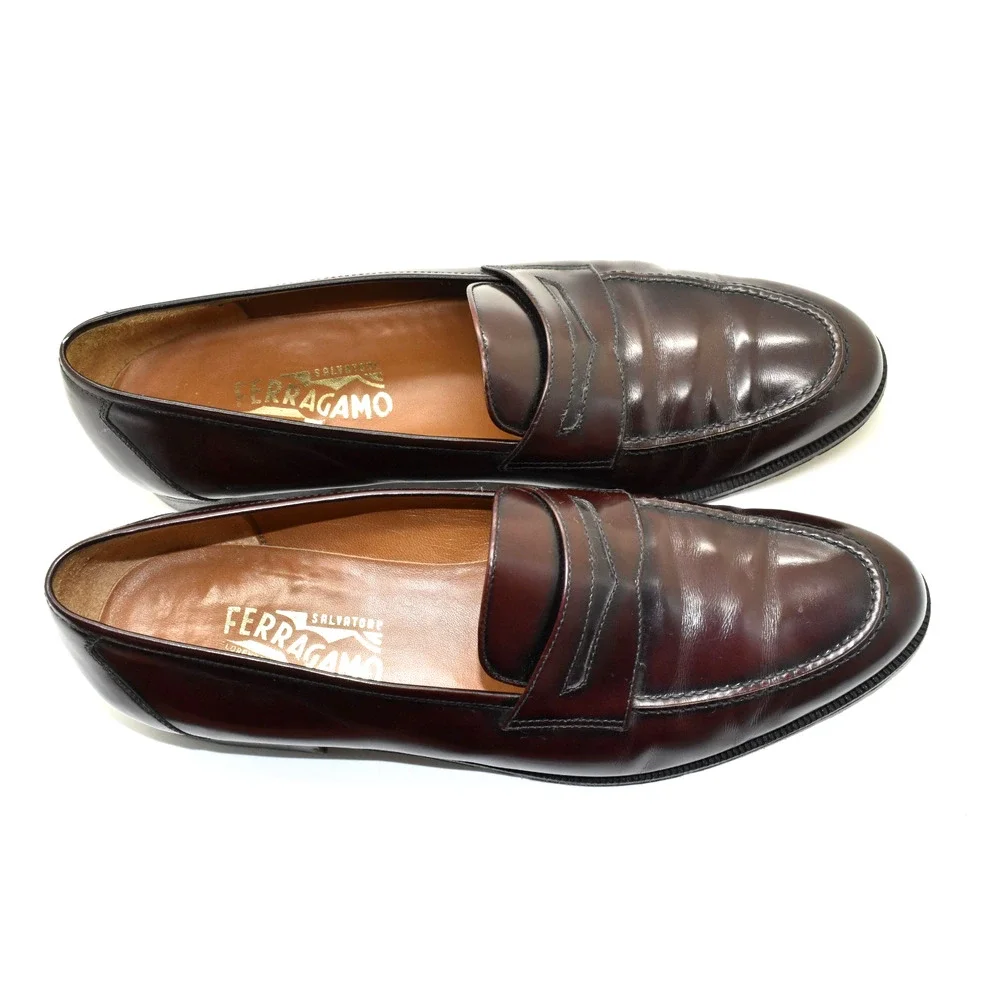 B0 Auth SALVATORE FERRAGAMO Deep Red Cherry Leather Penny Loafer Shoes Size 10D